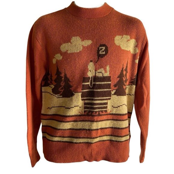 Vintage Arrow Snoopy Knit Sweater Men's Medium Orange Brown 70's Peanuts - Picture 1 of 5